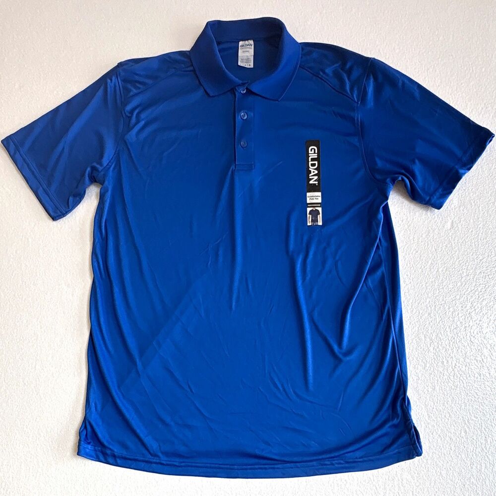NWT Gildan Performance Men's Blue Solid Polyester Short Sleeve Polo Shirt Size L